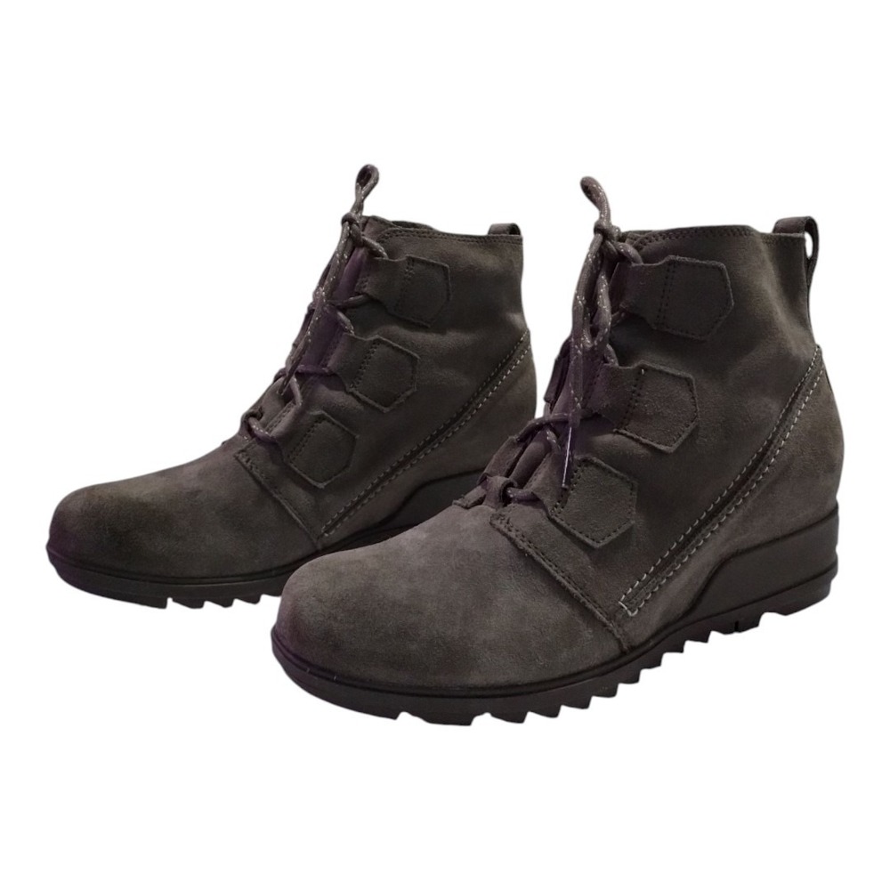 Sorel Evie Wedge Hidden Heel Lace-up Suede Gray Ankle Boots Women's Sz 10.5
